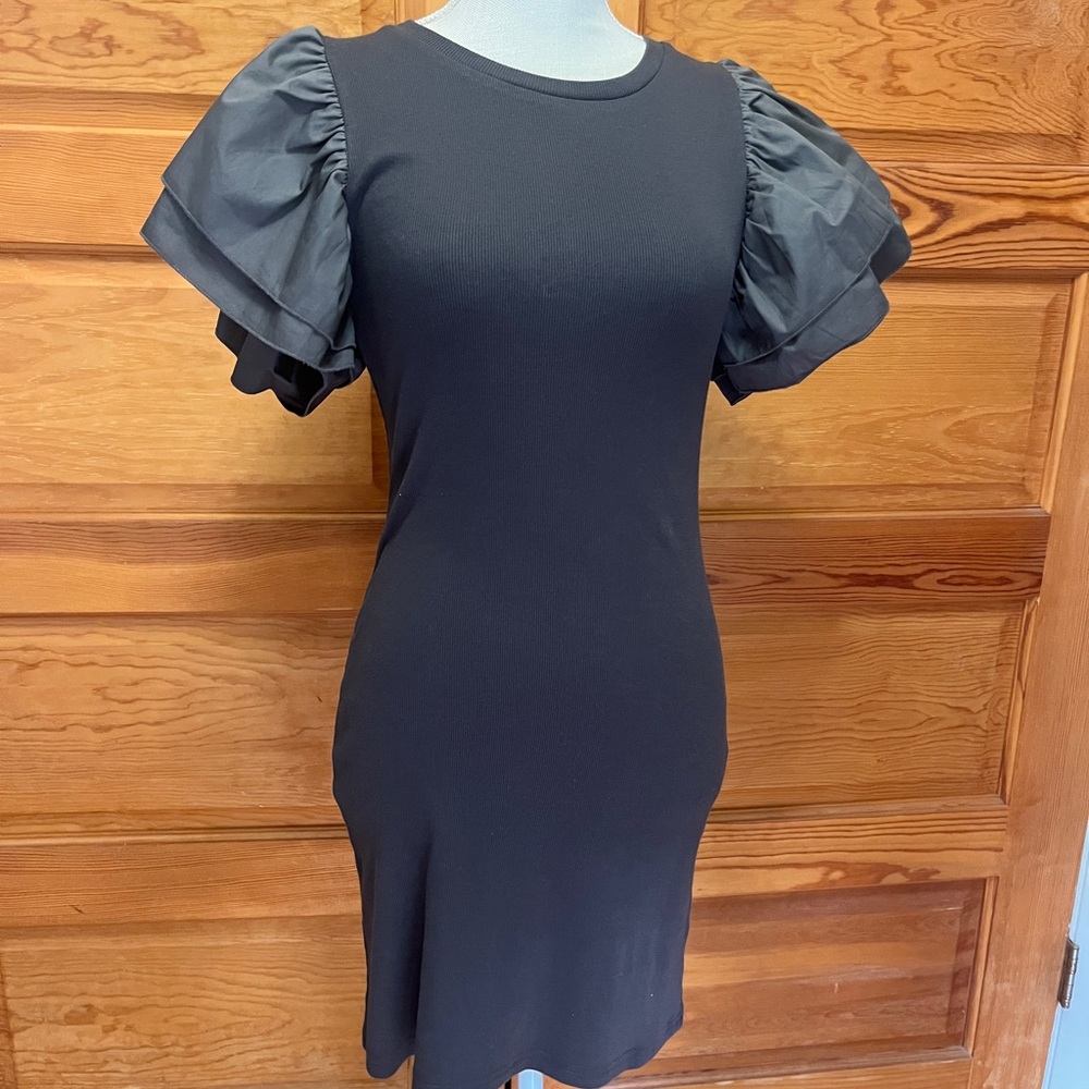 Blue Ruffled Puff Sleeve Sheath Mini Dress